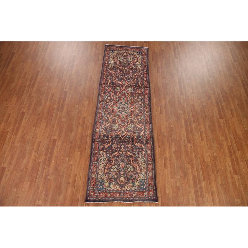 Hand Knotted Oriental 100% Wool Carpet Traditional Floral Navy Blue & Blues Mahal Runner Rug - 10' 10'' X 3' 3''