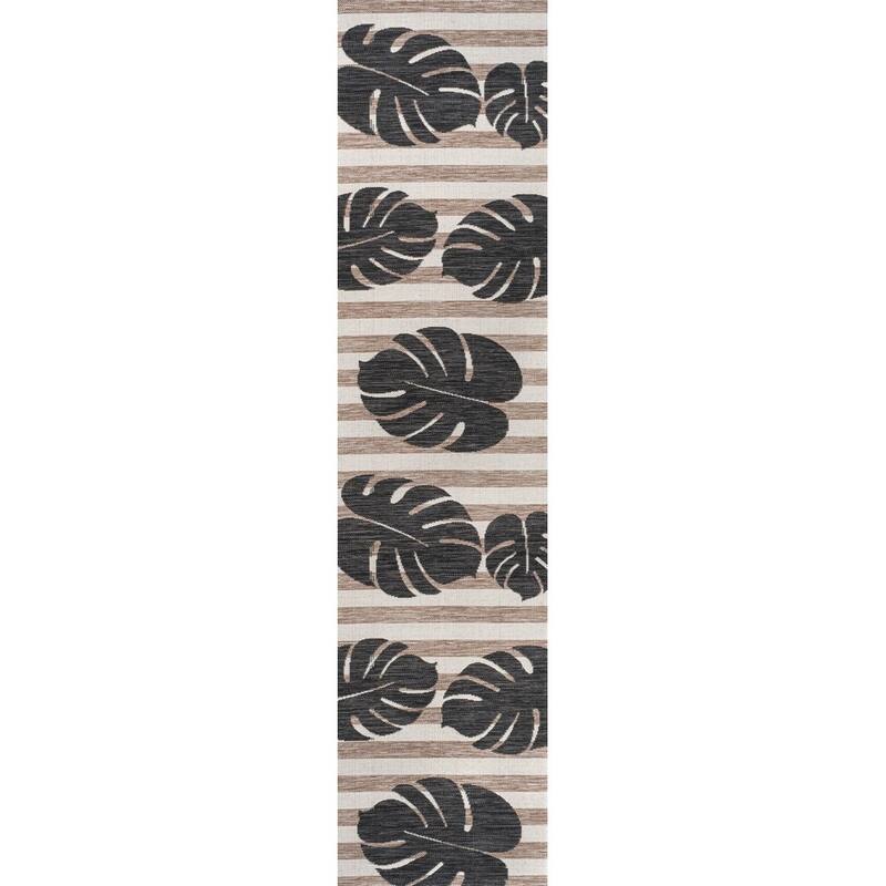 JONATHAN Y Allison Classic Beach Stripe and Monstera Leaf Indoor/Outdoor Area Rug