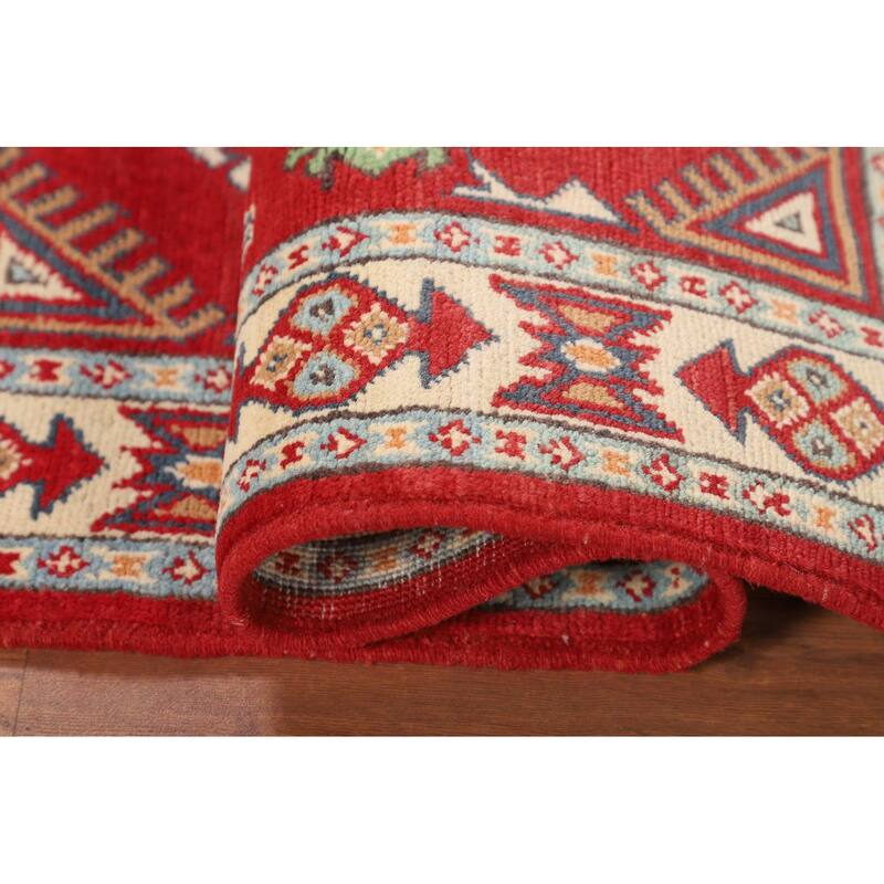 Geometric Red Kazak Oriental Accent Rug Handmade Foyer Wool Carpet - 2'7" x 3'10"