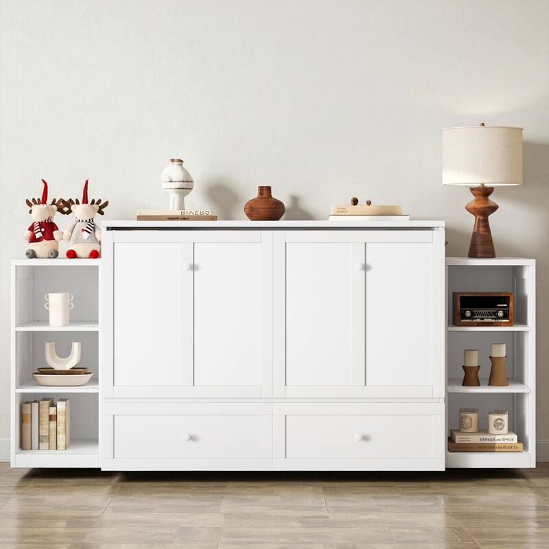 Full/Queen Size Murphy Bed with Storage Drawers and Shelves, Space-Saving Foldable Wall Bed for Guest Room