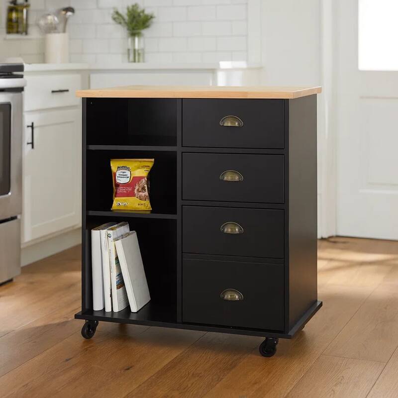 Rolling Kitchen Island Bar Cart w Drawers, Shelves, Brown n Black