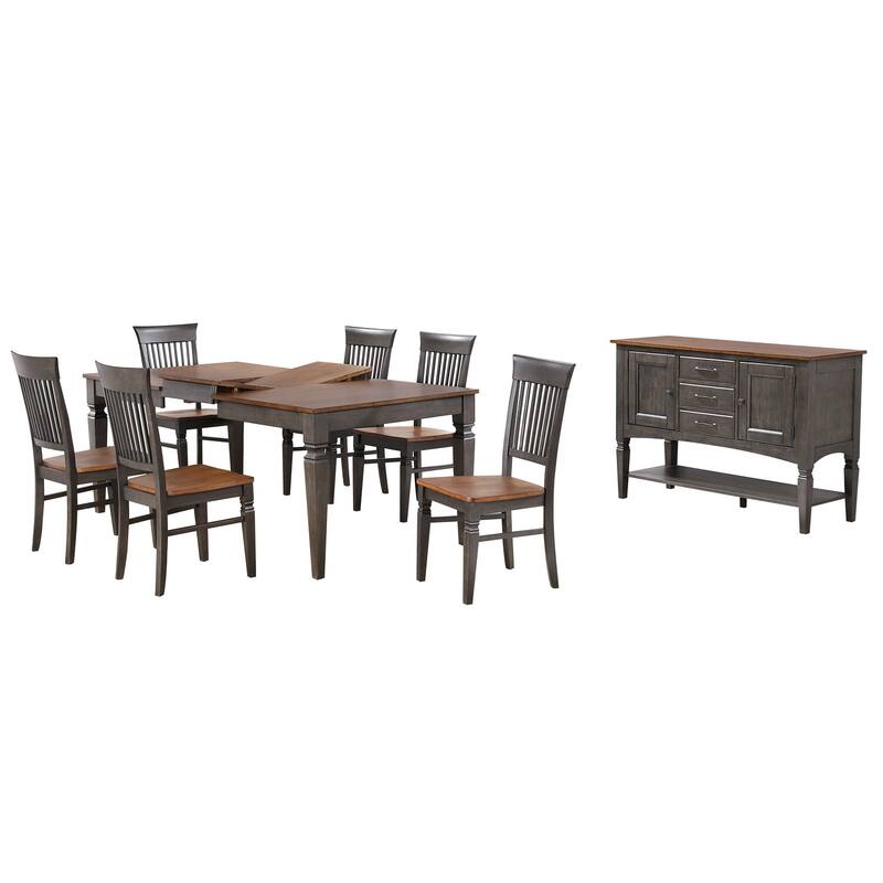 Expanding Dining Table Set - 6 Chairs, Storage Sideboard, Seats 6-8, Distressed Brown & Gray Wood