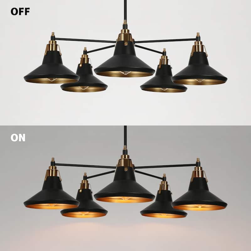 Modern Industrial 5-Light Black Gold Wheel Kitchen Island Chandelier Metal Pendant Lights for Dining Room - 33" D x 9" H
