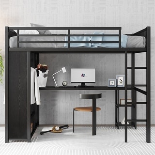 Loft Bed Frame with Built-in Wardrobe, Metal Loft Bed with Desk and Storage Shelves, Black