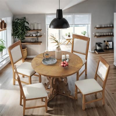 Retro Dining Set with Extendable Table and Upholstered Chair（Set of 5）