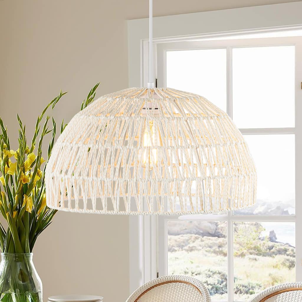 1-Light Modern Boho Single Bowl Hand Woven Rope Dome Pendant Kitchen Island Lighting