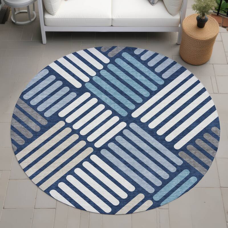 Machine Washable Indoor/ Outdoor Modern Weave Chantille Rug - Navy - 8' x 8'