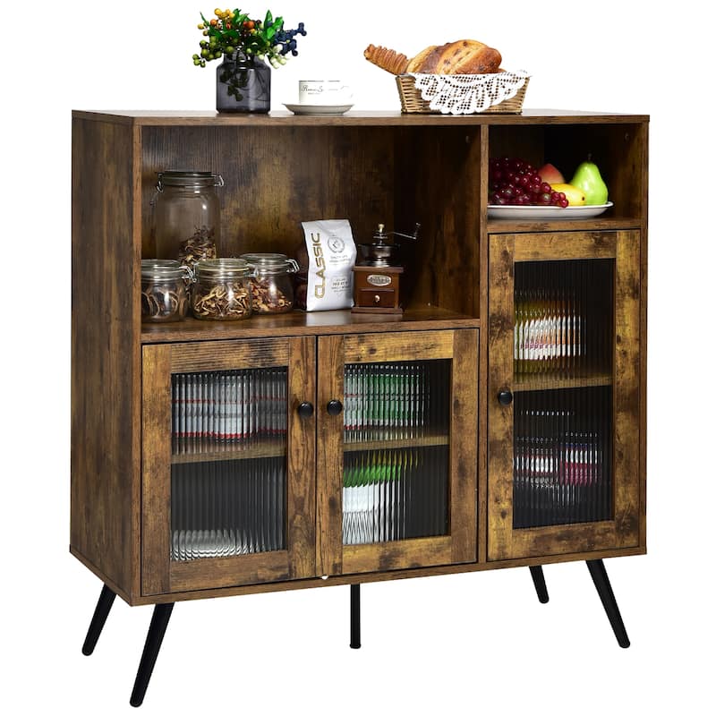 Costway Buffet Sideboard Kitchen Storage Cupboard w/ Glass Door & - See Details - Rustic Brown - See Details