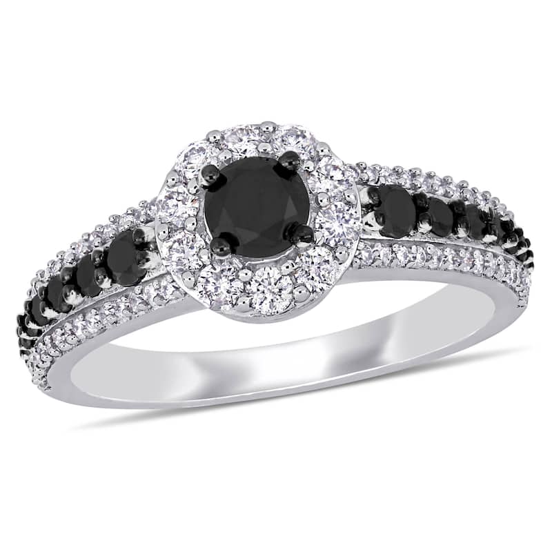 Miadora 1ct TW Black and White Diamond Halo Ring in 14k White Gold with Black Rhodium
