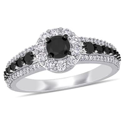 Miadora 1ct TW Black and White Diamond Halo Ring in 14k White Gold with Black Rhodium