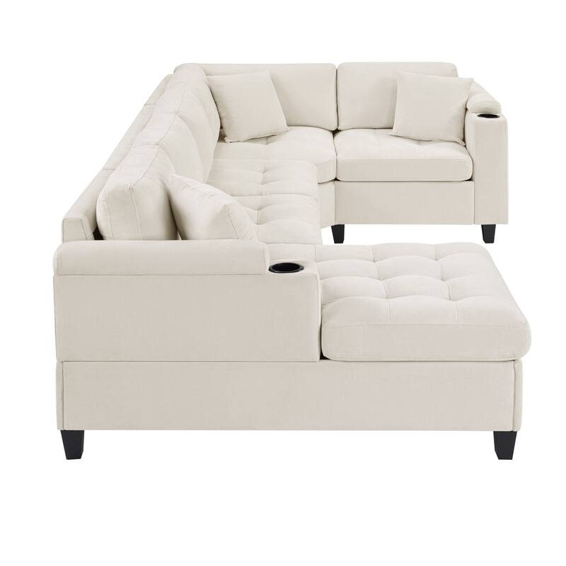 Oversized Corner Sectional, Modern U-Shaped Sectional Sofa with Built-in Storage Boxes and Dual Cup Holders, USB Ports, Pockets