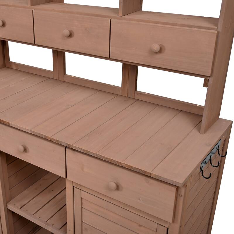 Garden Potting Bench Table with Hutch,Patio Storage Workstation with 3 Shelves,6 Drawers,2 Bottom Cabinets&Side Hooks