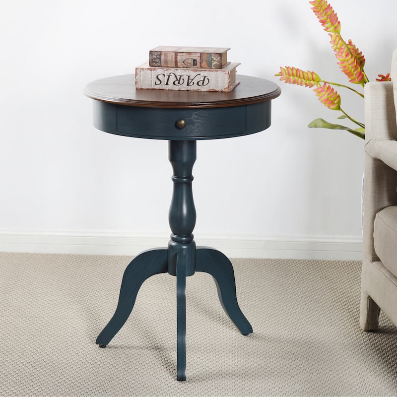 StyleCraft Savannah Round Pedestal Side Table - Midnight Blue & Brown
