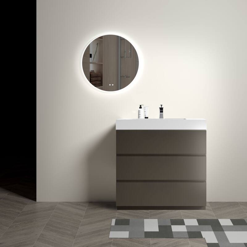 36" Grey Large Storage Freestanding Vanity for Modern Bathroom, One-Piece White Sink Basin without Drain and Faucet