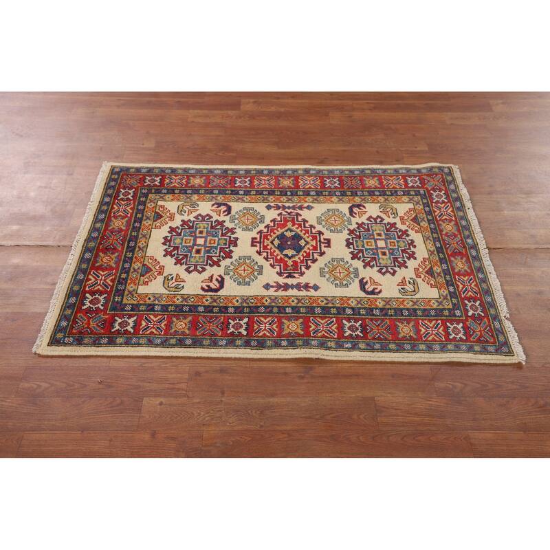 Geometric Beige Kazak Accent Rug Handmade Wool Carpet - 2'7" x 3'11"