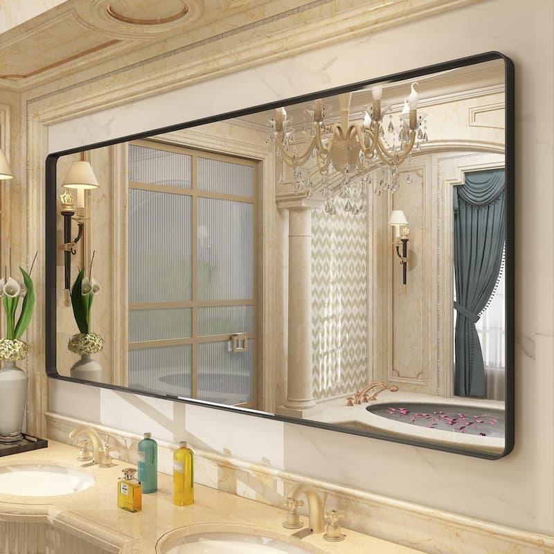 Aluminum Alloy Framed French Cleat Mounted Tempered Glass Wall Vanity Mirror - Black - 60" x 30"