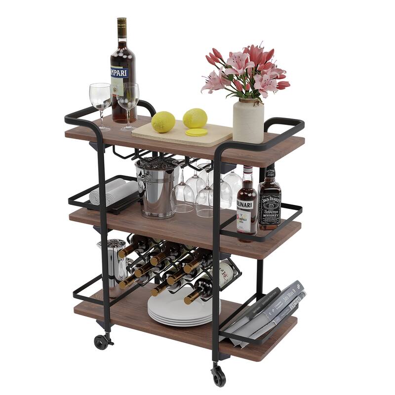 Modern Industrial 3-tier Bar Cart with Wine Rack