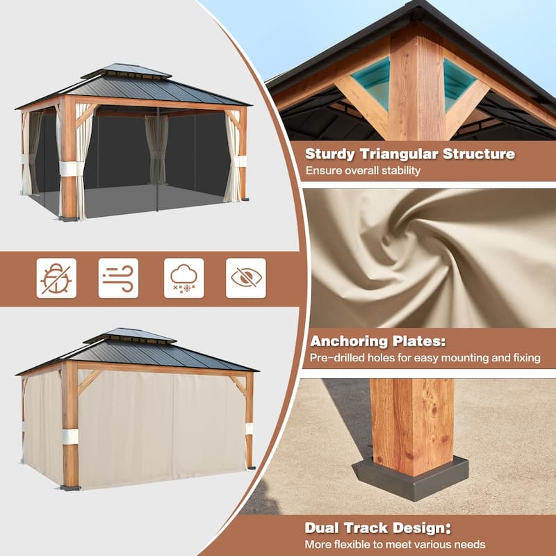 EROMMY Hardtop Gazebo Metal Gazebo with Faux Wood Grain Aluminum Frame, Outdoor Patio Gazebo Pergola