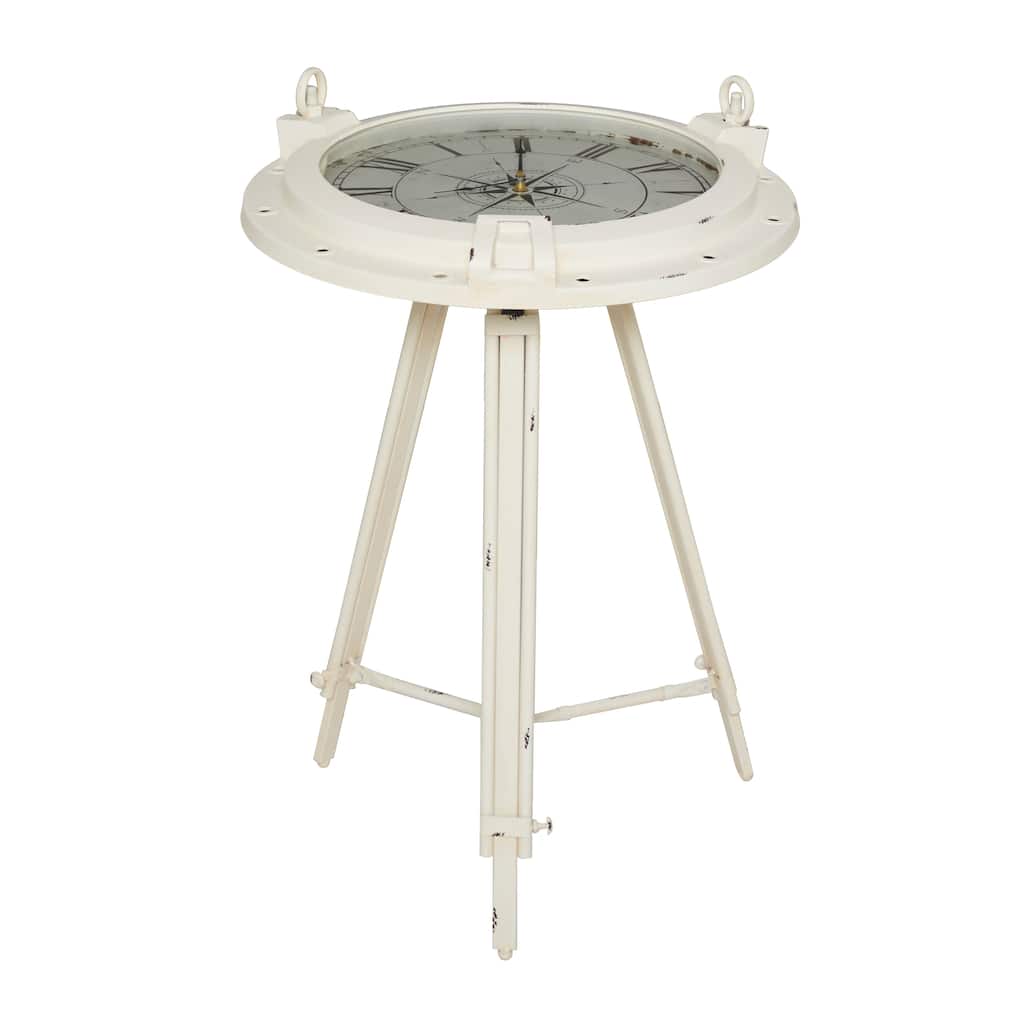 Metal Compass Accent Table with Clock and Clear Glass Top - White or Black - Roche River Decor