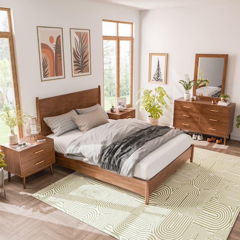 Furniture of America Beau Midcentury 5-Piece Walnut Queen Bedroom Set - Wood Headboard
