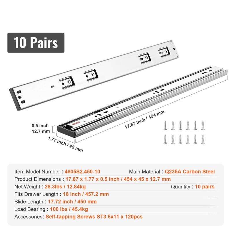 Drawer Slides Side Mount Rails Heavy Duty Full Extension Steel Track