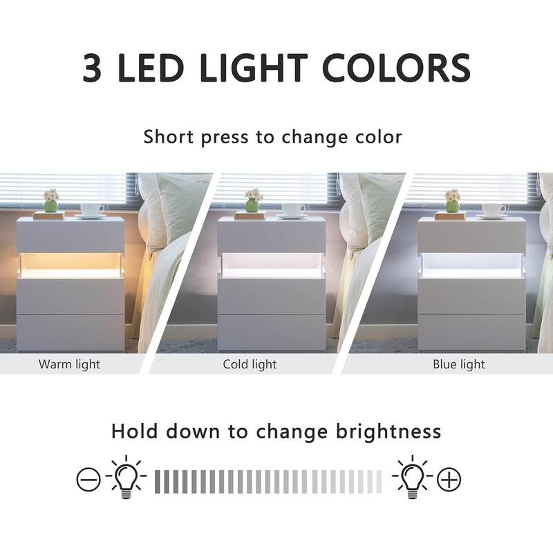 White LED Nightstands with Acrylic Board and RGB LED Light - Modern End Table for Bedroom