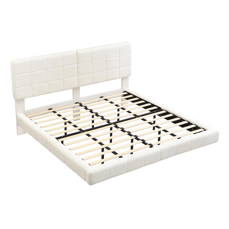 Floating Platform Bed Frame with LED Lights, Headboard, Modern Upholstered Boucle Fabric Bed with Checkerboard Design