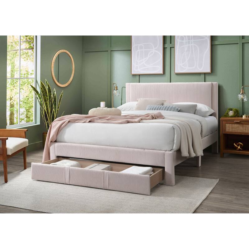 Queen Size Corduroy Platform Bed with Storage Drawer and Channel-Tufted Headboard and Contemporary Design