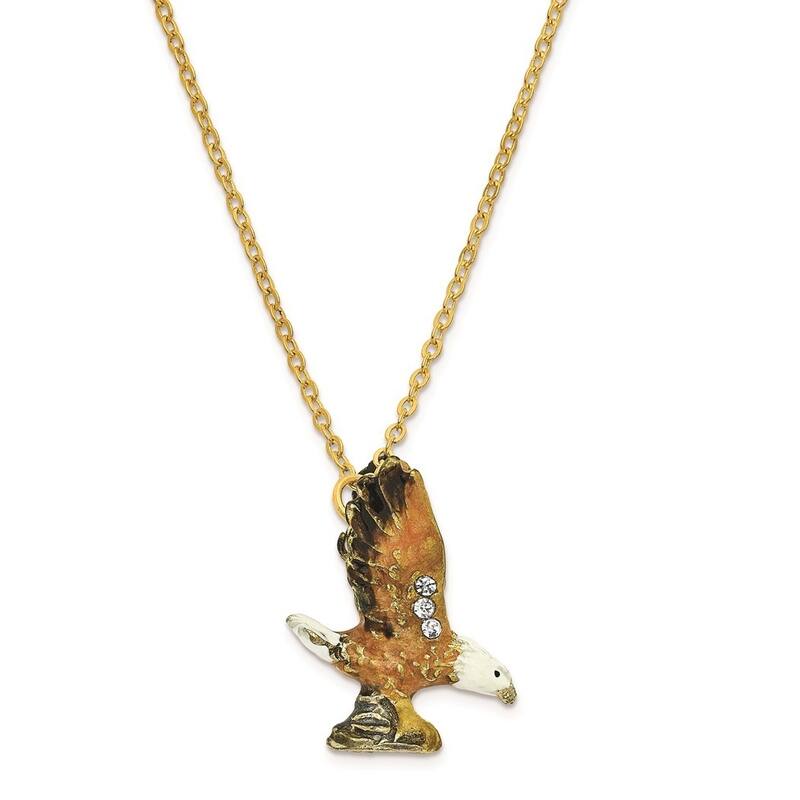 Curata Pewter Crystals Gold-Tone Enameled Majestic Gliding Bald Eagle Trinket Box on 18 Inch Necklace
