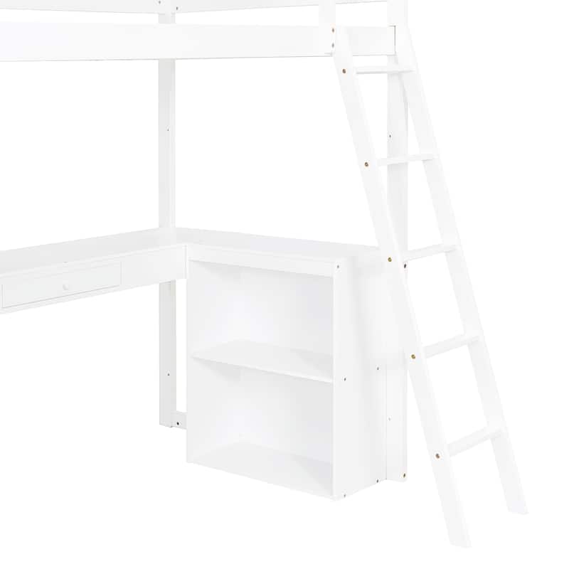 Roomfitters Twin Size Loft Bed with Ladder, Shelves and Desk, White