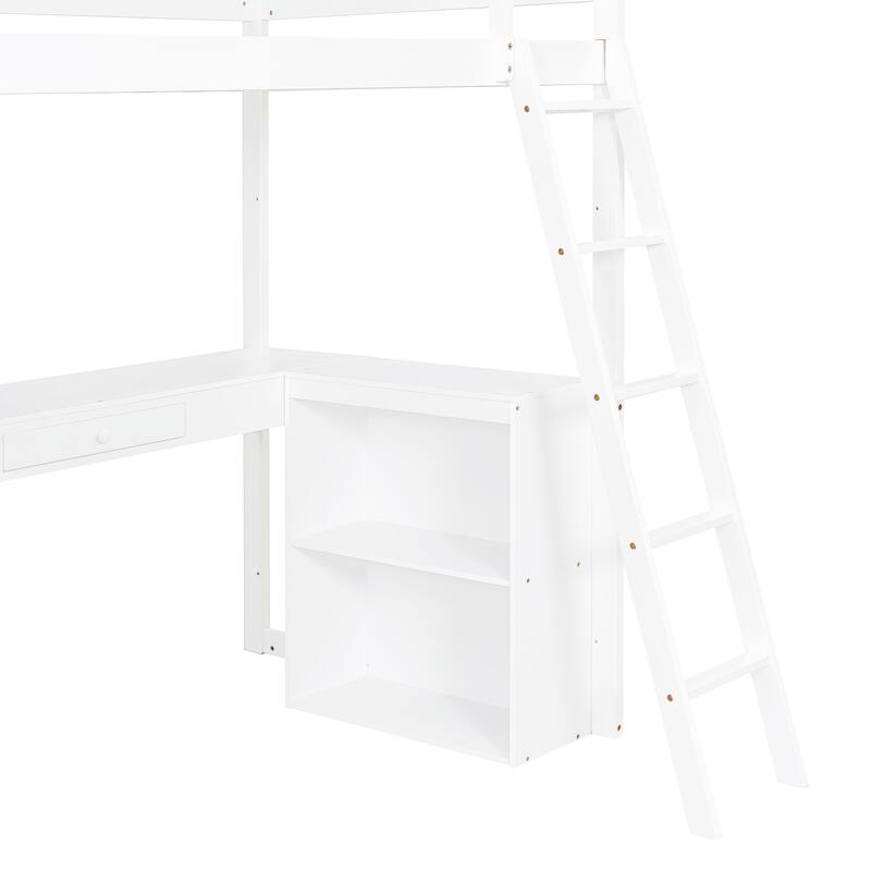 Twin Size Loft Bed with Built-in Desk, Storage Shelves and Drawer