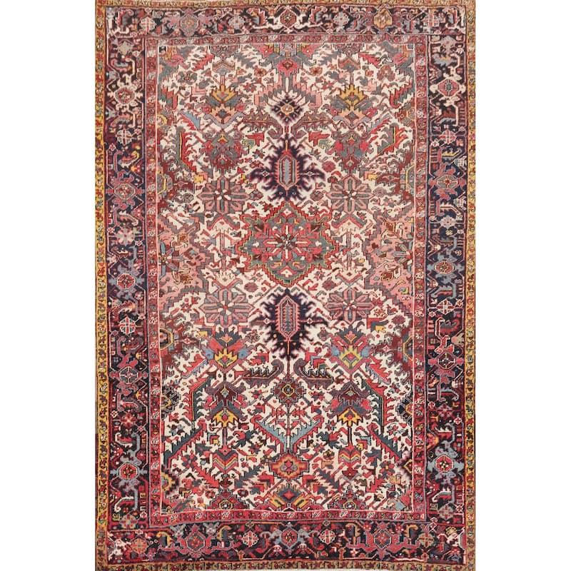 Hand Knotted Oriental 100% Wool Carpet Traditional Geometric Beige & Ivories Heriz Area Rug - 9' 7'' X 7' 5''