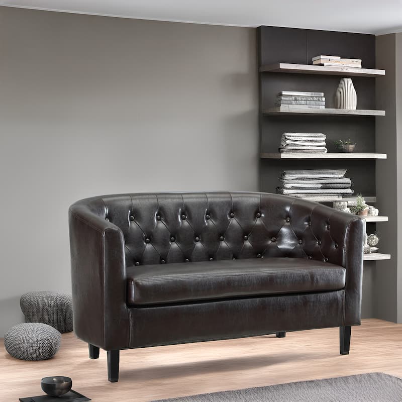 Midcentury Modern Button Tufted Faux Leather Barrel Loveseat - Comfy Tub Loveseat Sofa