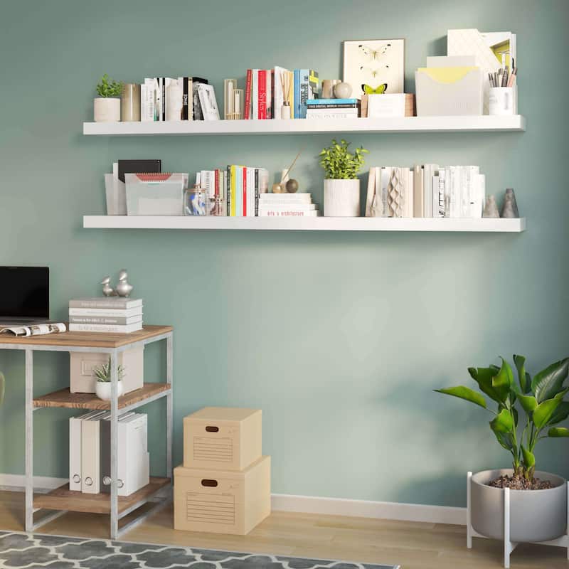 Wallniture Ronda 72 inch Floating Shelf, Living Room Shelves, Kitchen Storage Shelves, White Book Shelf for Wall