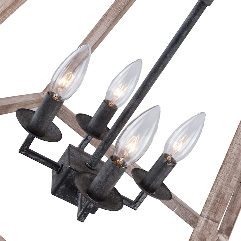 Modern contemporary Farmhouse Aged Wood Cage 4-light Dinning Kitchen Foyer Chandelier Pendant - 15"W x 15"D x 18"H