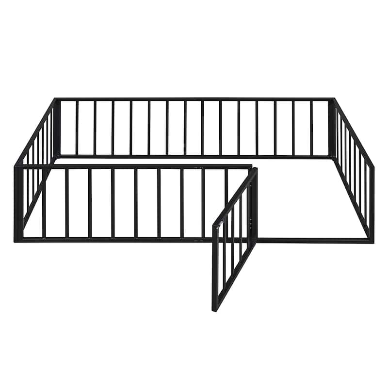 Twin Size Metal Floor Bed Frame with Fence and Door for Kids' Bedroom