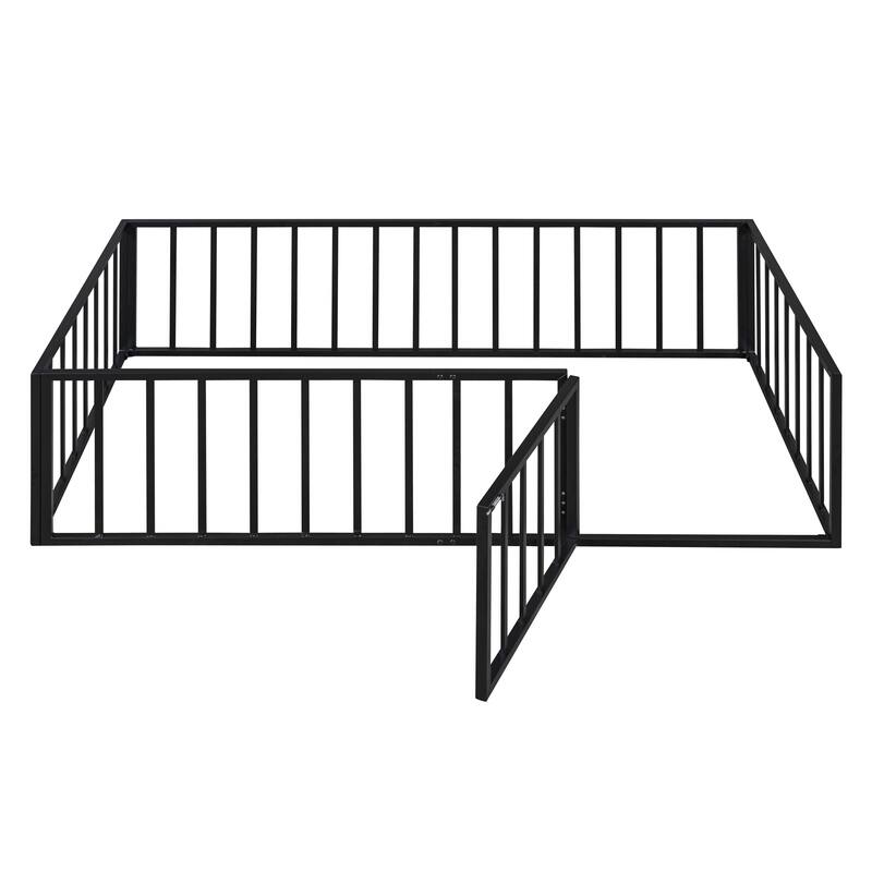 Twin Size Metal Floor Platform Bed Frame with Fence and Door, Fun and Sturdy Play Bed for Kids, Bedroom Furniture for Toddlers