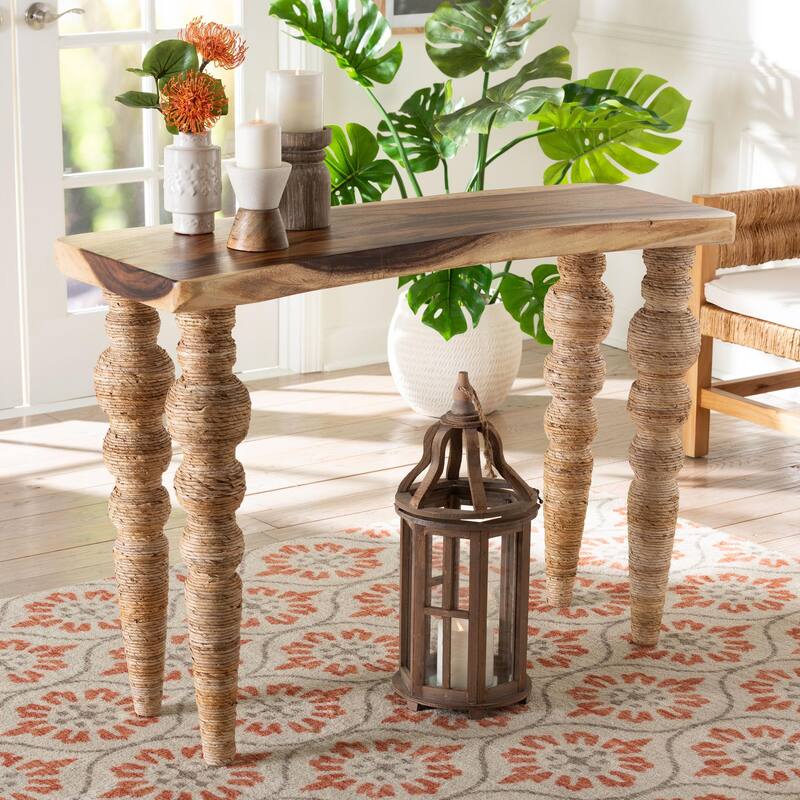 Nasnan Teak Wood Console Table with Seagrass and Bobbin Legs - Sculptural Narrow Entryway Table with Hand-wrapped Turned Legs