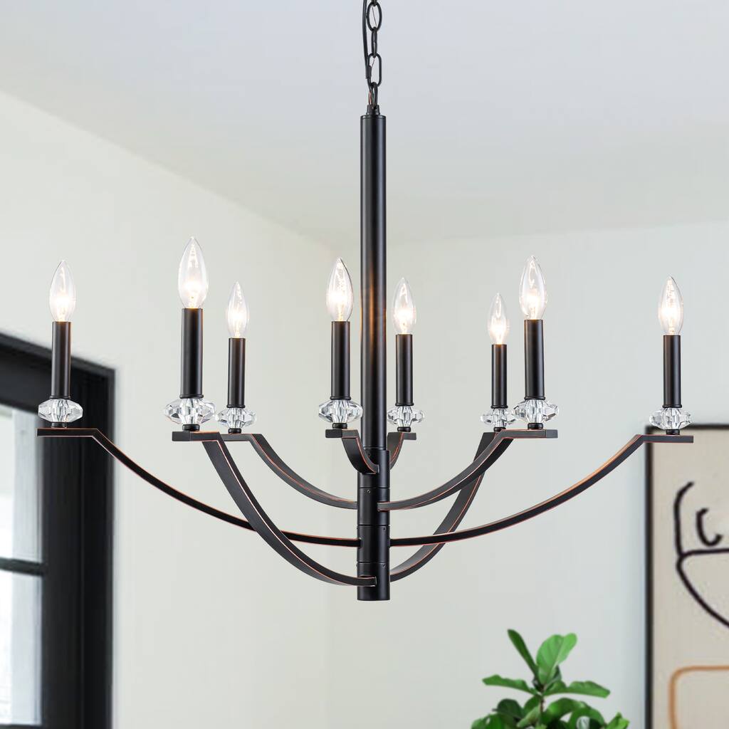 8-Light Industrial Black Chandelier Crystal Accents Adjustable Arms - Dia.40.94-in
