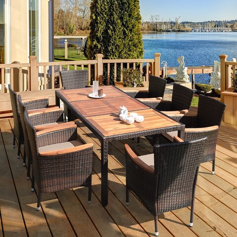 9PCS Patio Rattan Dining Set 8 Chairs Cushioned Acacia Table Top - 9-Piece Sets