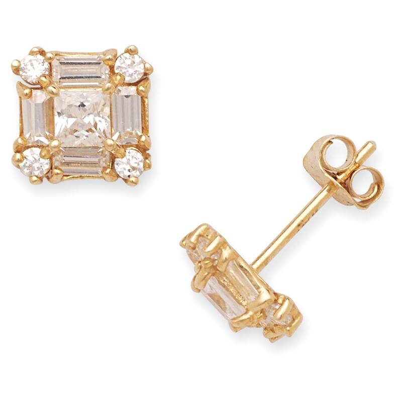 Curata 14k Gold Cubic Zirconia Princess and Baguette Fancy Stud Earrings
