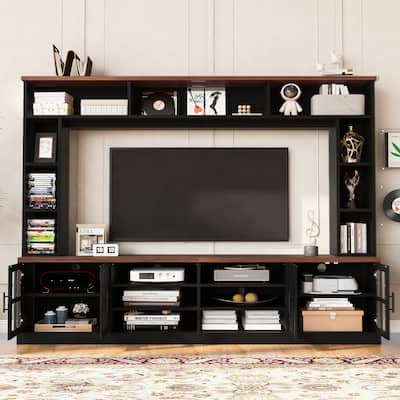 Wall Entertainment Center with Bookshelves, TV Stand Media Console with Tempered Glass Doors and Adjustable Shelves