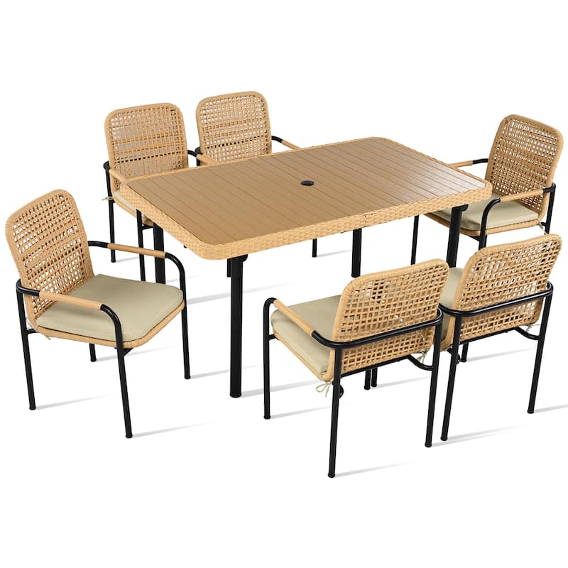 7-Pieces Patio Wicker Dining Set with Umbrella Hole