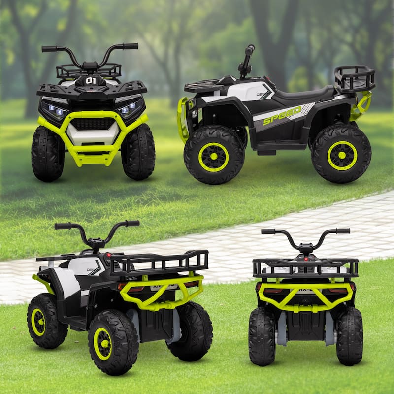 Qaba 12V Kids ATV, 4 Wheeler Quad, 3.7Mph Battery Powered Ride on Car with 4 Suspension Wheels, Storage Basket, LED Lights