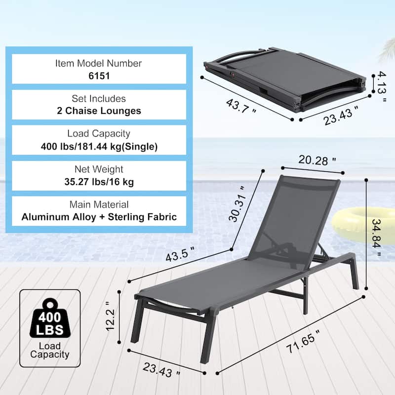 Chaise Lounge Chairs Outdoor, Aluminum Patio Lounge Chairs with Adjustable 5-Position, Folding Pool Lounge Chairs Recliner