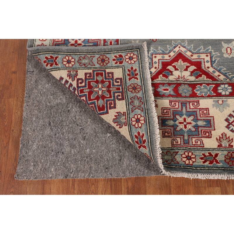 Hand Knotted Oriental 100% Wool Carpet Traditional Geometric Greys & Charcoal Kazak Area Rug - 9' 6'' X 6' 11''