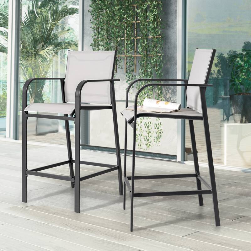 Outdoor Textilene High Bar Stools with Powder-Coated Frame, Light Gray
