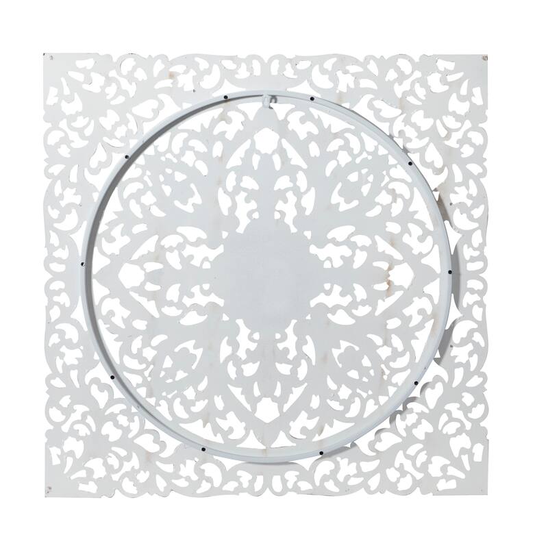 White Wood Handmade Intricately Carved Mandala Floral Home Wall Decor with Brown Distressing