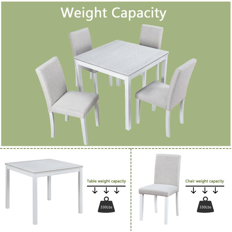 5 Piece Dining Table Set with 4 Upholstered Dining Chairs Wooden Dining Table with Crystal Accent Table Edge for Kitchen