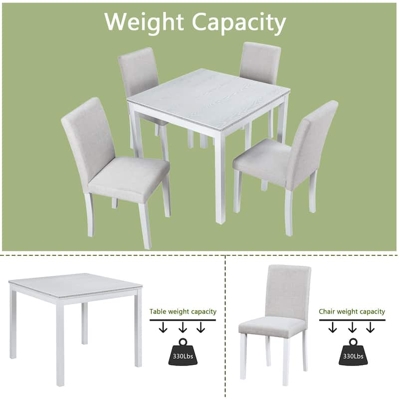 GDFStudio - Hamilton 5-Piece Classic Crystal Tabletop Square Wooden Dining Table Set with 4 Upholstered Dining Chairs